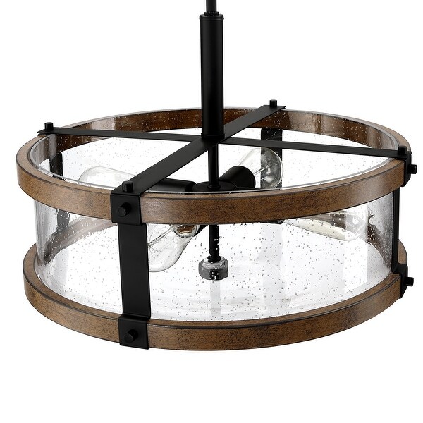4-Light Distressed Black and Wood Tone Seeded Glass Drum Pendant - 18" x 65" x 18"